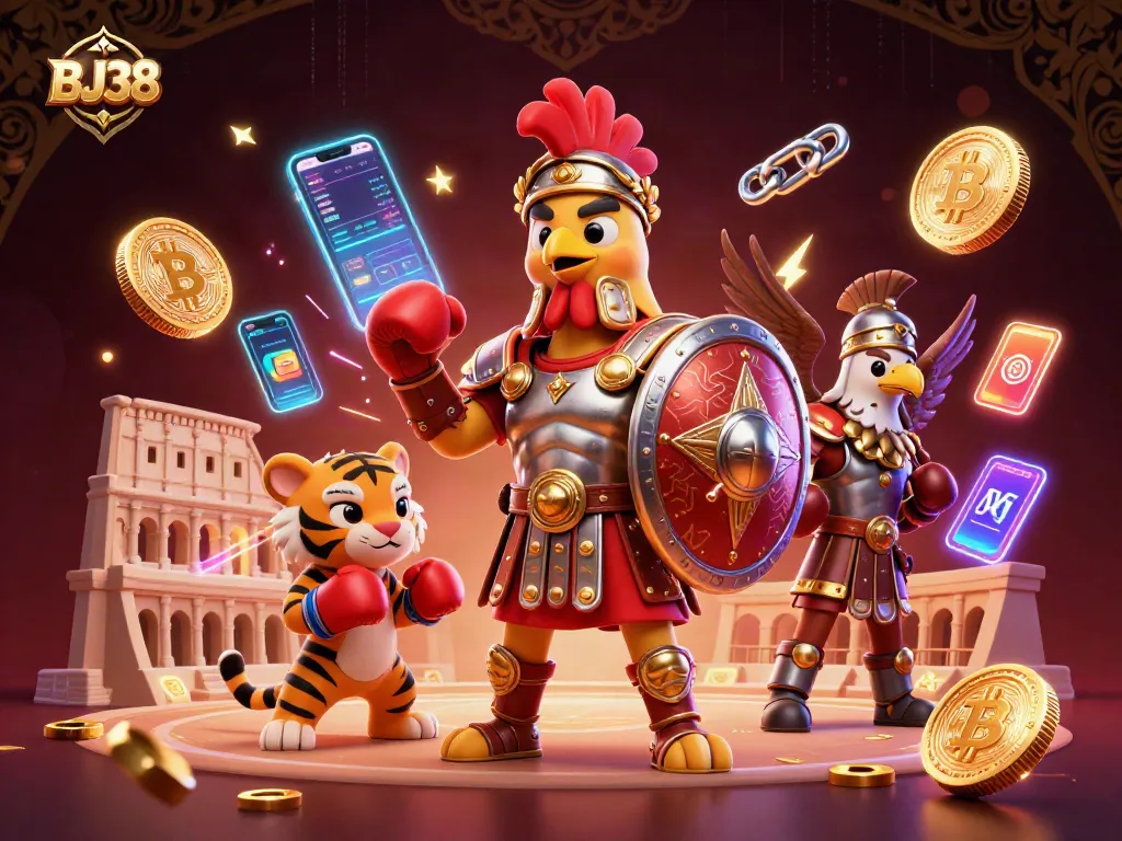 Experience the thrill of BJ38 with a vibrant casino scene featuring animated characters and crypto elements.