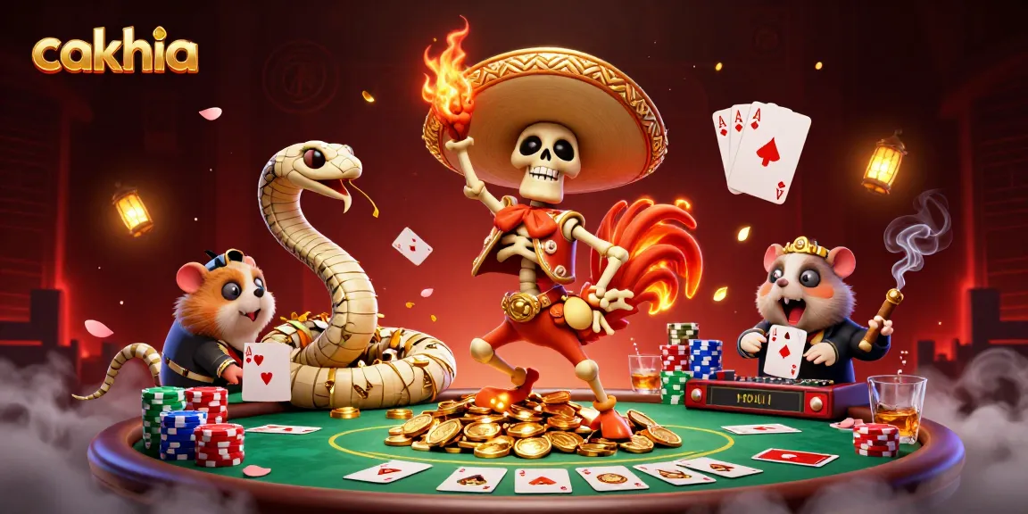Cakhia presents an exciting animated scene with a mariachi rooster and golden poker elements