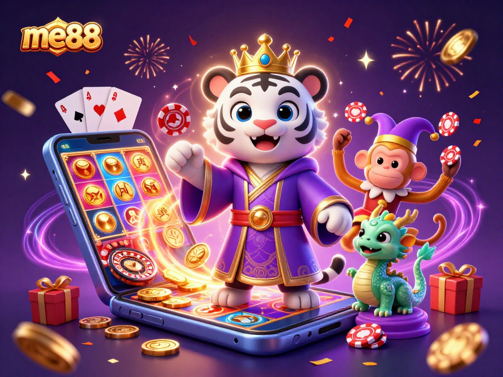 Engage with the vibrant world of online gaming at me88, featuring playful characters in a rich casino backdrop.