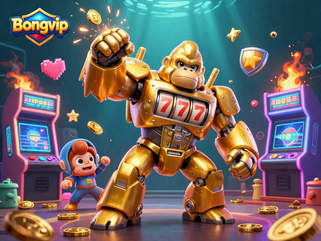 Experience the thrill of Bongvip with our golden mech smashing through gambling challenges while coin explosions shimmer.