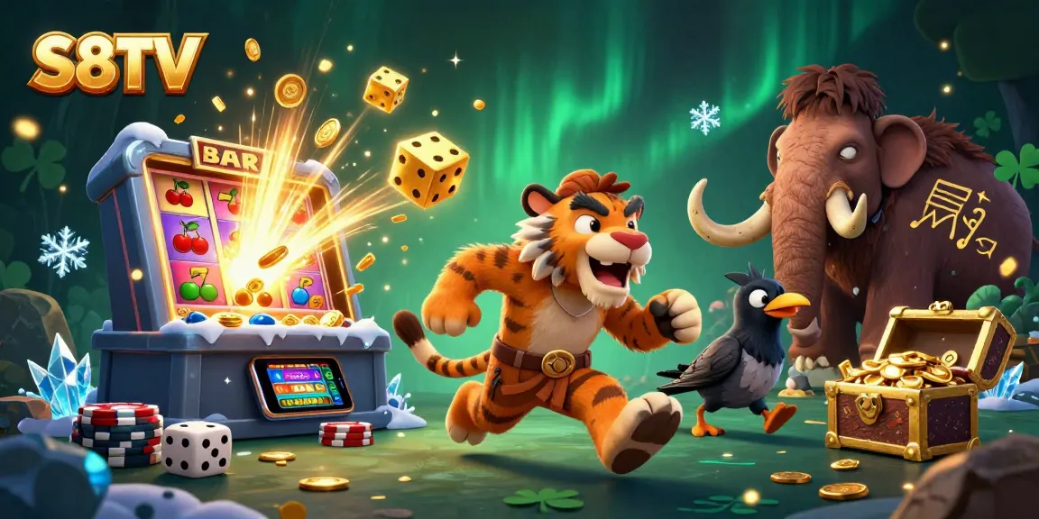 S8TV offers thrilling gaming with 3D cartoon characters at a prehistoric casino, showcasing slot machines and vibrant action.