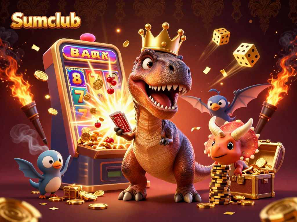 Experience the excitement of Sumclub with a T-Rex shuffling cards and a pterodactyl assistant amidst a jackpot explosion.