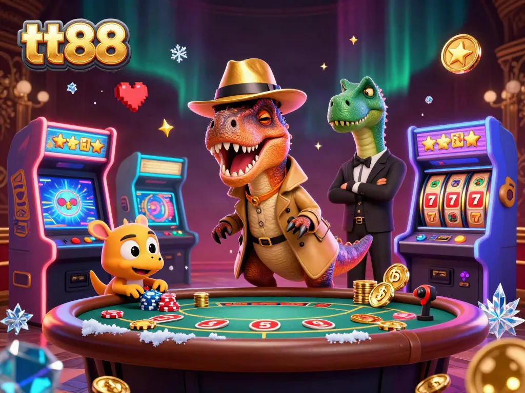 tt88 themed illustration featuring a velociraptor card counter sneaking chips at a casino table