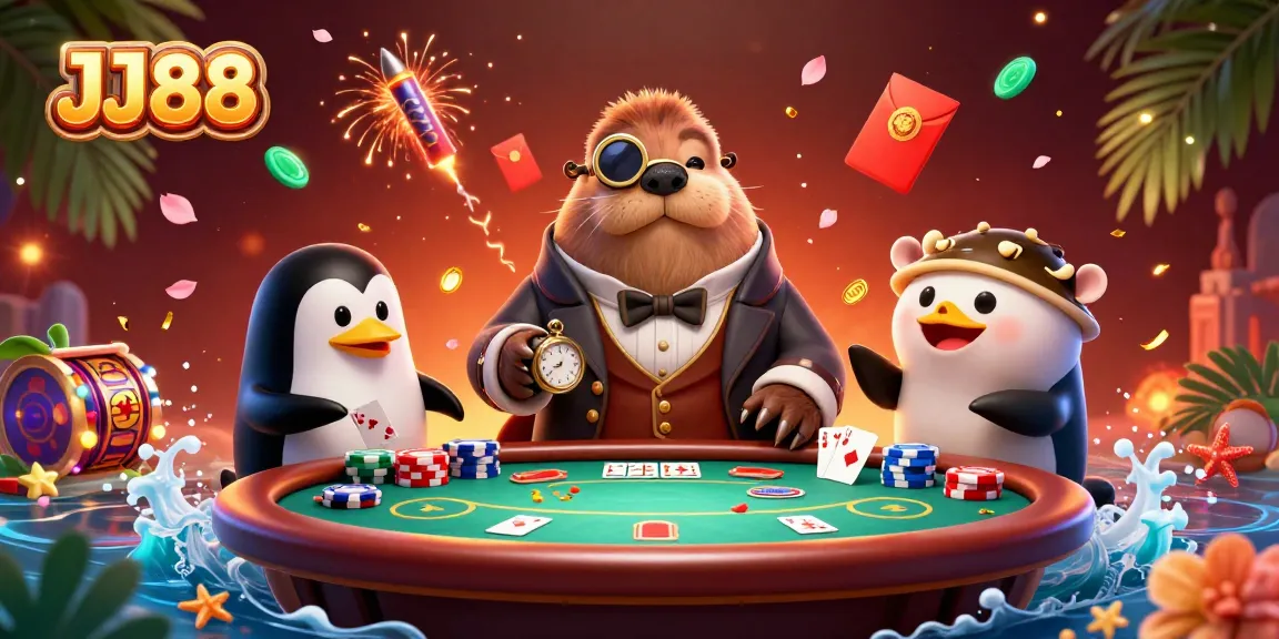 Experience thrilling moments at JJ88 with a jolly walrus and friends in an underwater poker game.
