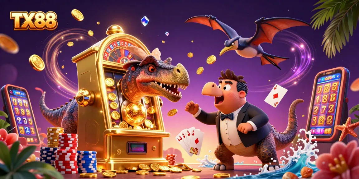 TX88 jackpot scene with playful dinosaurs, winning slots, and cascading gold coins in a vibrant casino