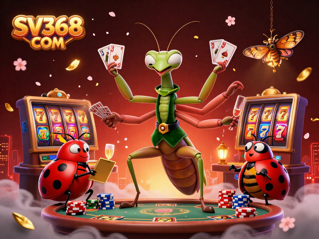Engage in thrilling gameplay at SV368 COM featuring vibrant casino elements like slot reels and card games.