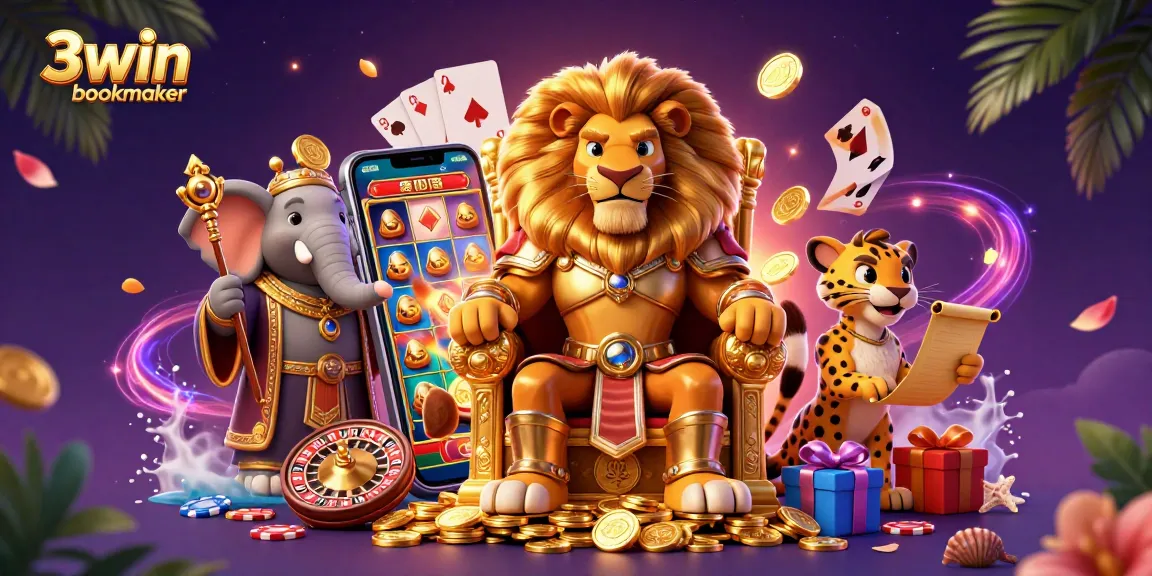 Engage with 3win bookmaker in a vibrant dynamic scene featuring a lion king and casino elements.