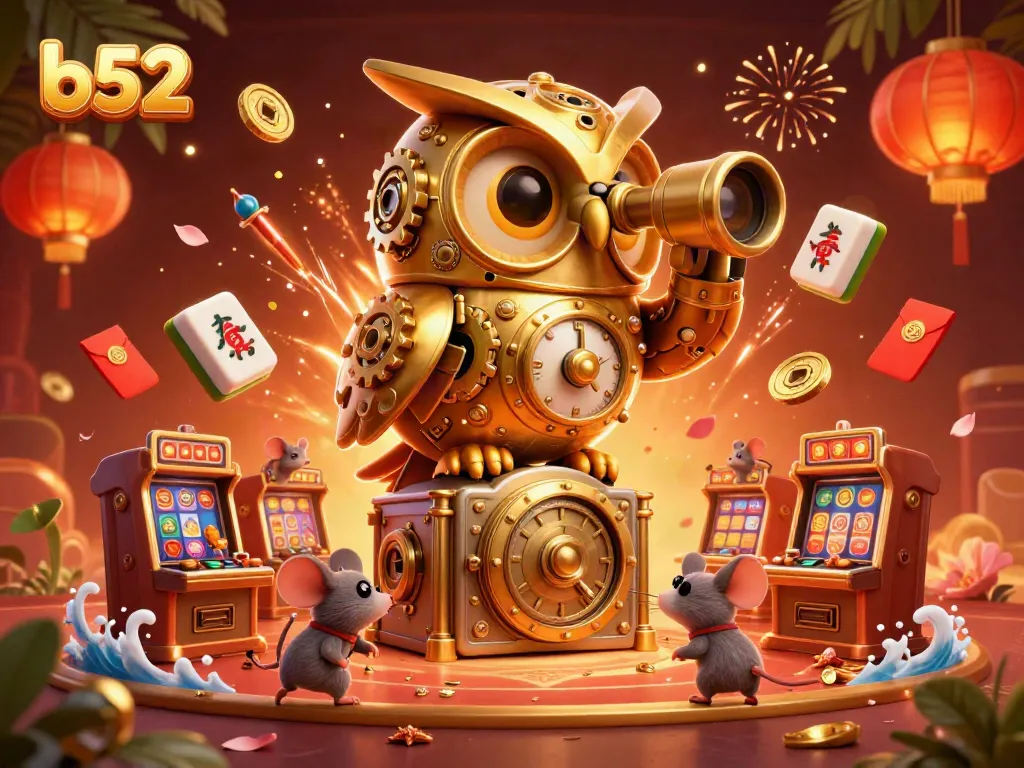 Engage in thrilling b52 casino experiences with an enchanting clockwork owl and festive elements.