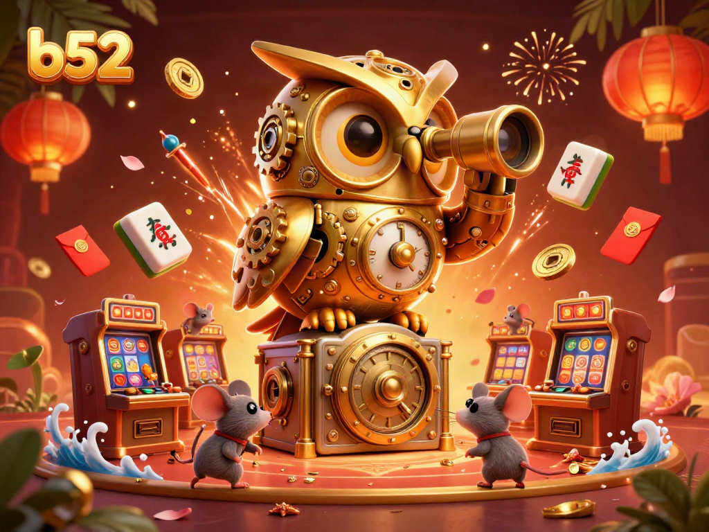 Engage in thrilling b52 casino experiences with an enchanting clockwork owl and festive elements.