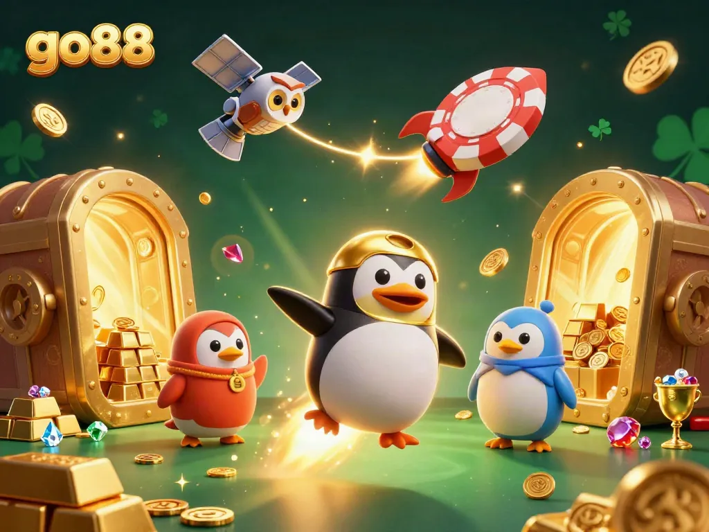 Experience thrilling gameplay with go88 as a golden penguin navigates a vibrant casino universe.
