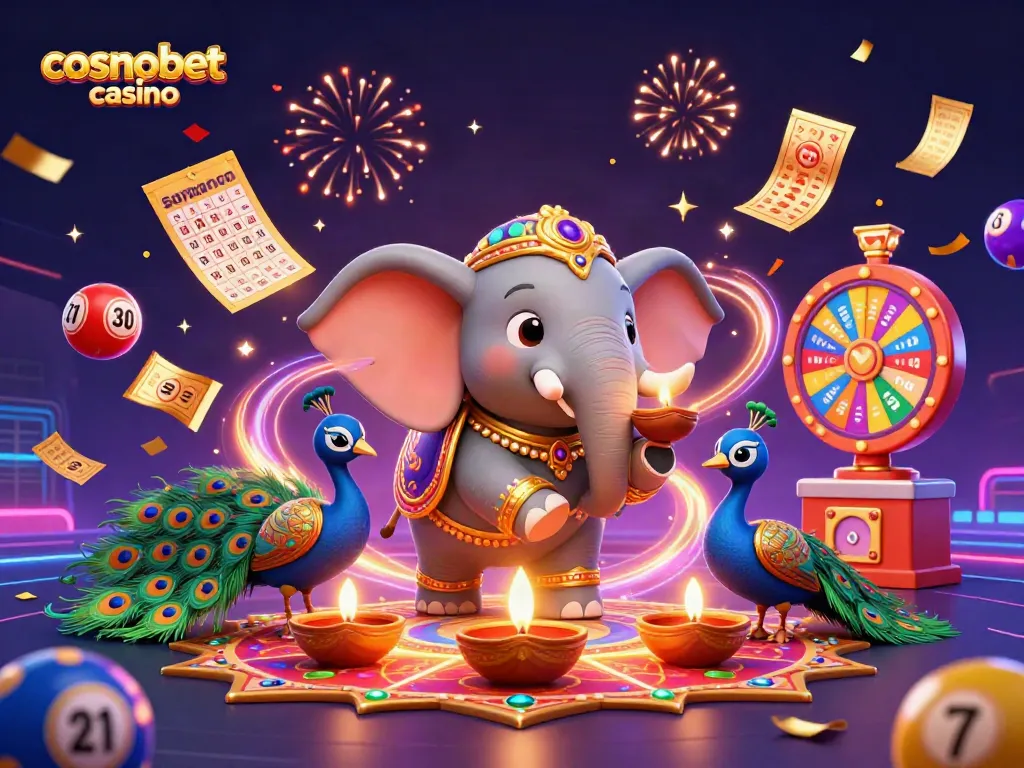 Experience the thrill of cosmobet casino with vibrant characters and casino elements in a dynamic celebration.