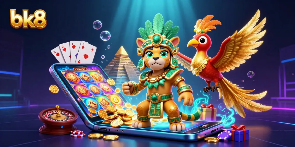 Engage with bk8's vibrant casino offerings featuring a Mayan jaguar priest and gaming elements.