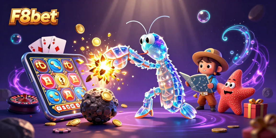 Experience the thrill of F8bet with a dynamic scene featuring vibrant casino games and characters.