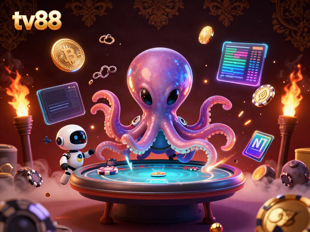 Play poker with the vibrant tv88 octopus and robot characters in this thrilling alien casino scene.