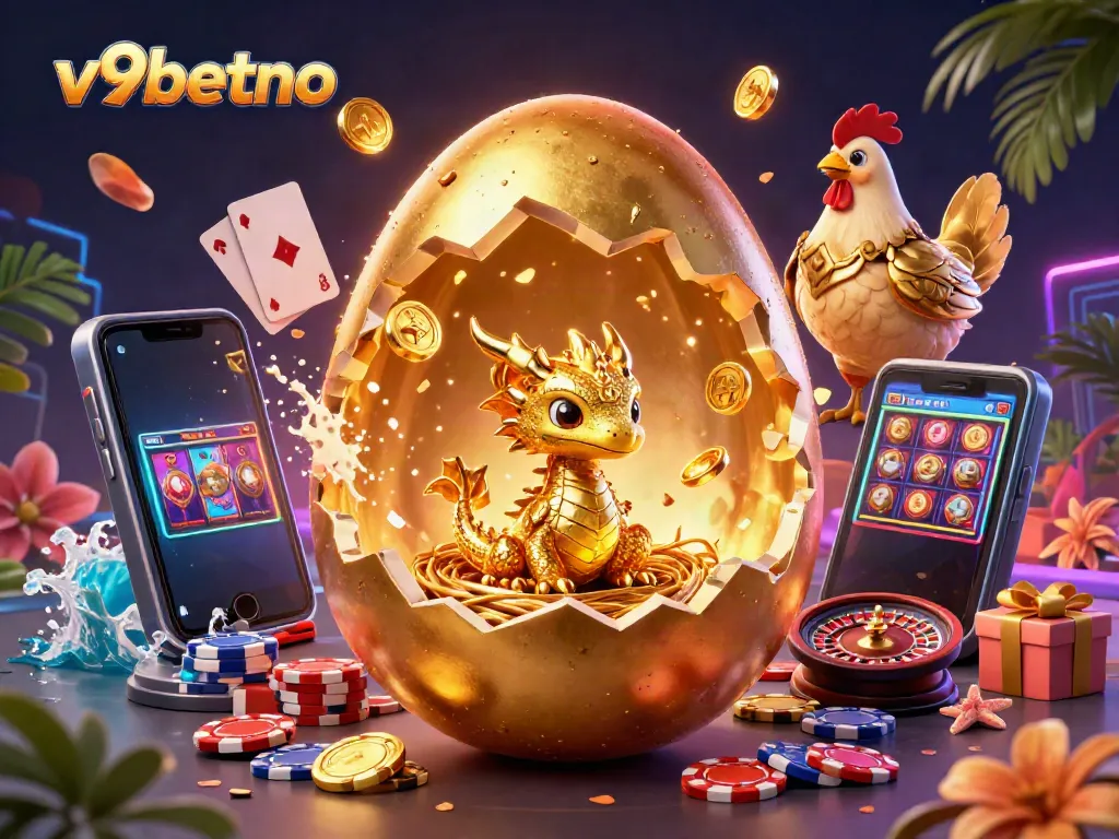 Experience the excitement of v9betno with a golden dragon and dynamic casino elements in this vibrant illustration.