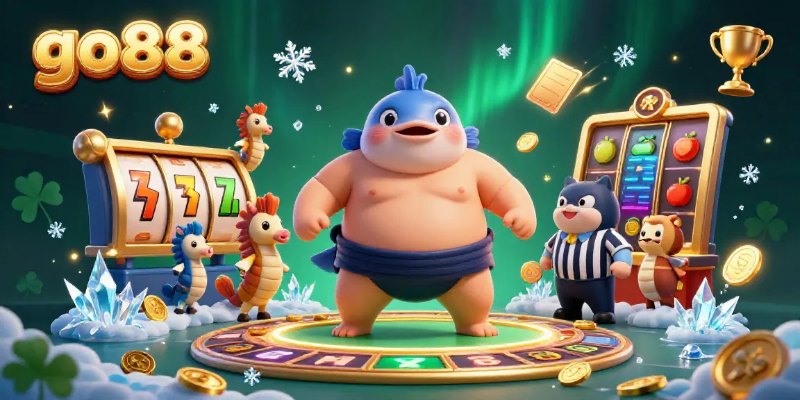 Win big with go88 in an engaging 3D underwater casino scene featuring dynamic slot elements and lively characters.