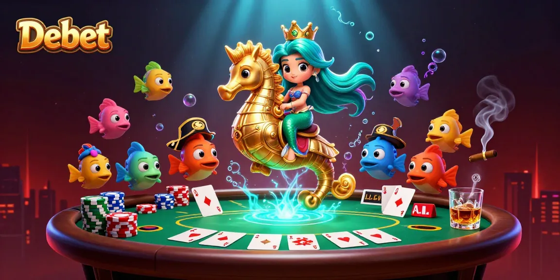 Experience the vibrant gaming world of Debet with a mermaid and seahorse at a poker table.