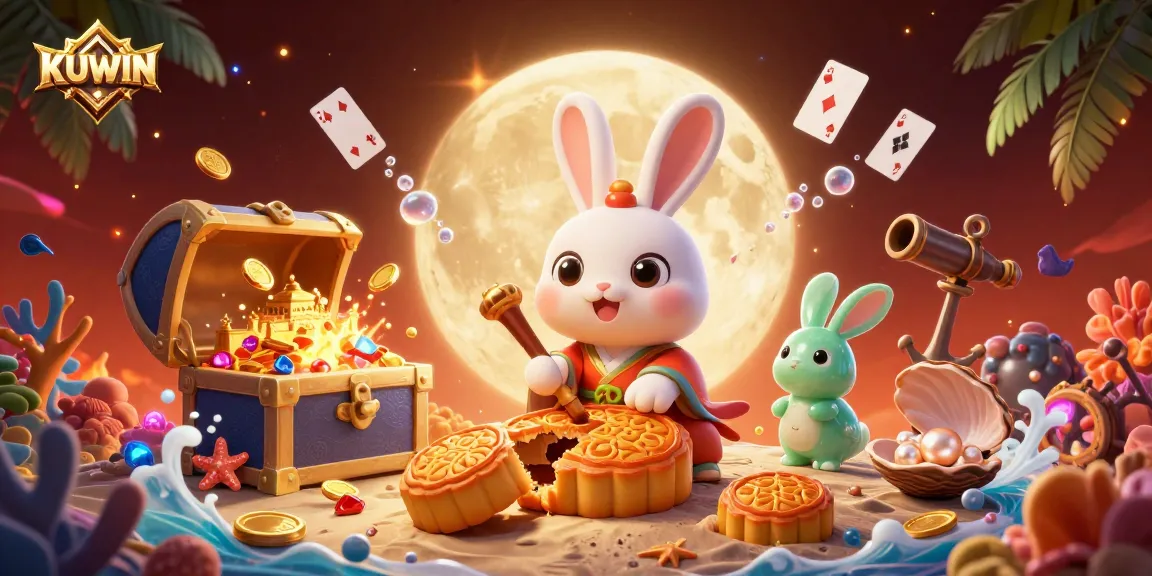 KUWIN features a rabbit on the moon with poker chips in a vibrant casino scene filled with underwater treasures.