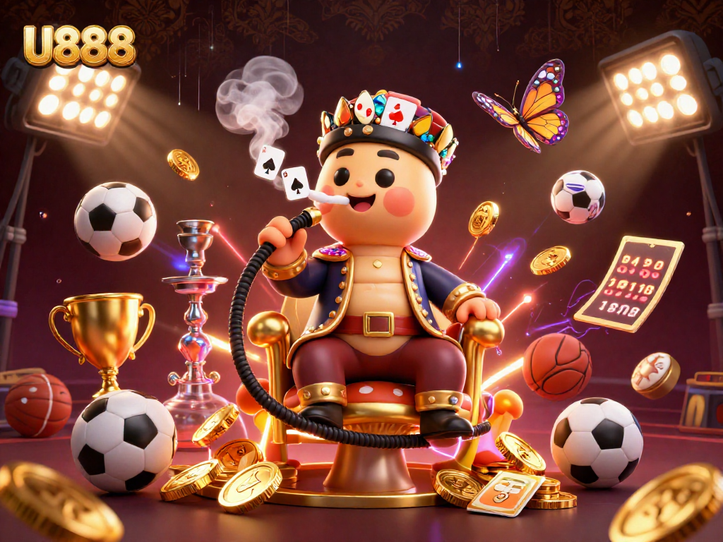 U888 engages players with an energetic 3D depiction of vibrant casino elements and winning symbols.