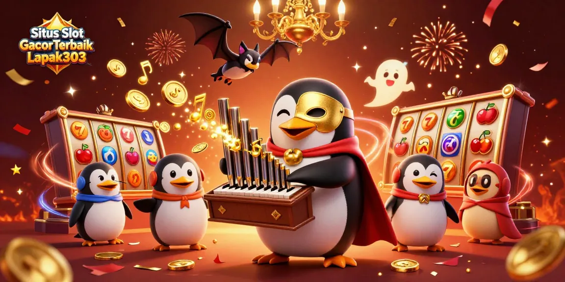 Situs Slot Gacor Terbaik Lapak303 features a penguin playing a pipe organ surrounded by dynamic slot machine elements.