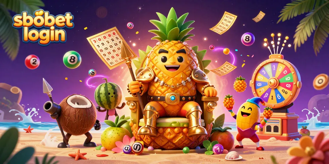 Engage in thrill with sbobet login, highlighted by a golden pineapple king and exciting casino elements.
