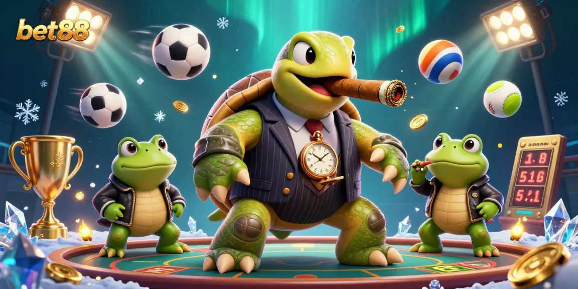 Experience thrilling gaming action at bet88 with a vibrant casino scene featuring a snapping turtle and bullfrog enforcers.