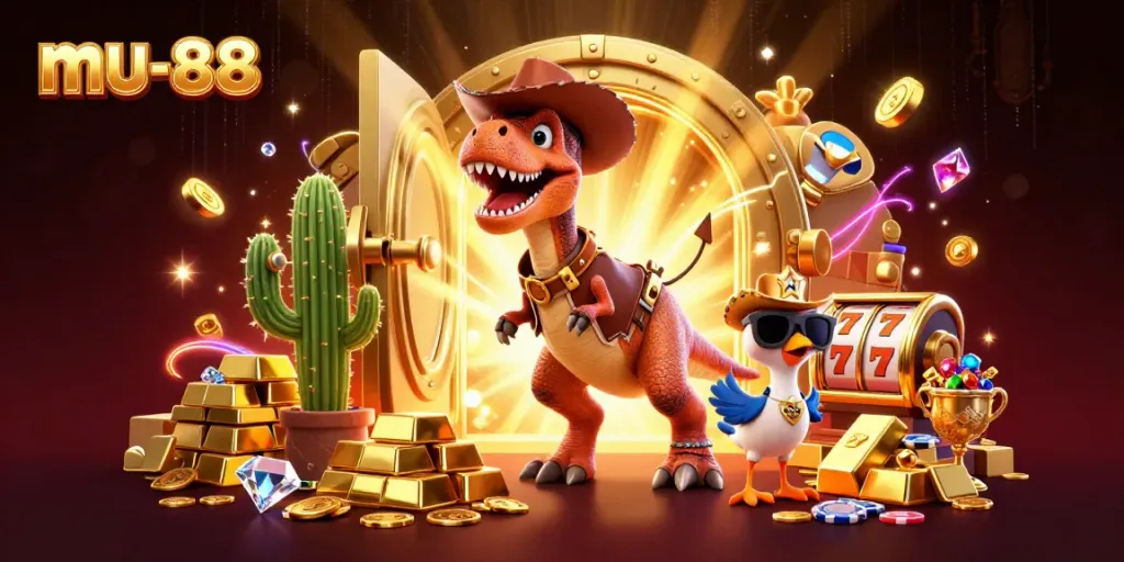 Spin the reels at mu-88 casino featuring a lively dinosaur and friends amidst treasures.