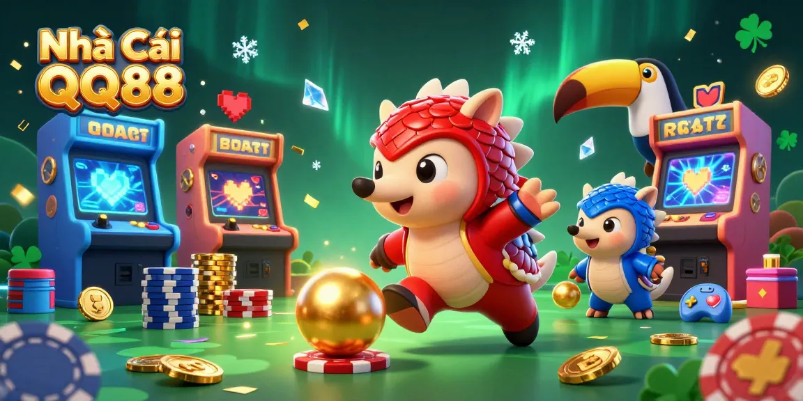 Engage with Nhà Cái QQ88 in this colorful, action-packed scene featuring playful pangolins and vibrant casino elements.