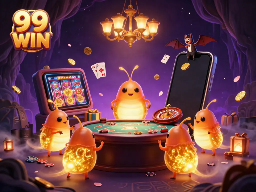 Experience 99 WIN's exciting casino atmosphere with glowworms illuminating games and engaging visuals.