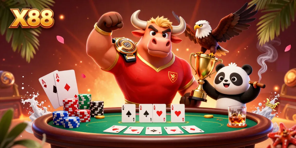X88 highlights a victorious bull mascot, an eagle champion, and a trophy panda in a vibrant casino scene.
