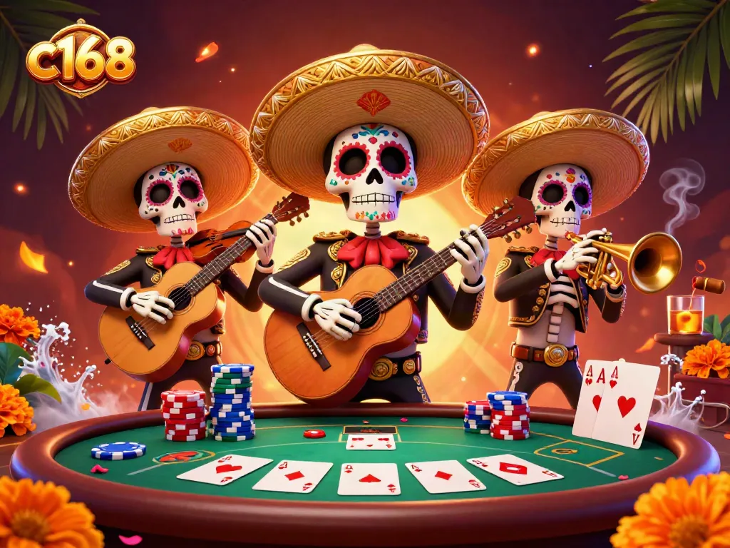 Experience thrilling poker action at c168 with a lively mariachi band and vibrant casino atmosphere.