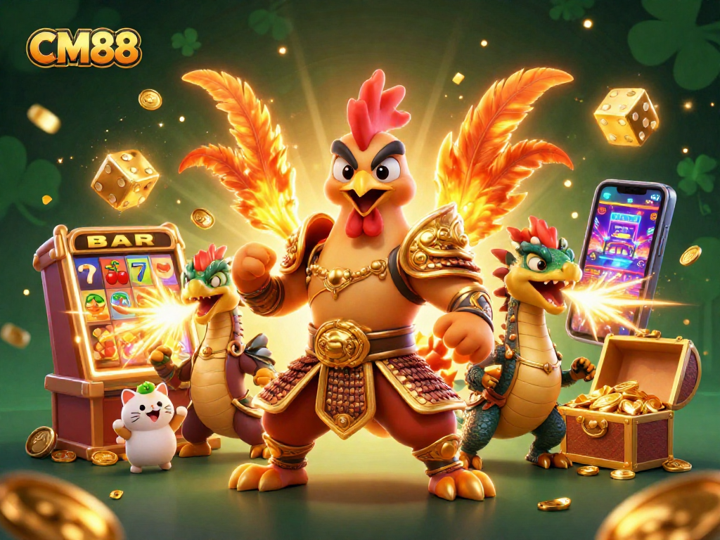 Engage with CM88's vibrant 3D digital casino scene featuring a golden rooster and dragon with jackpots.