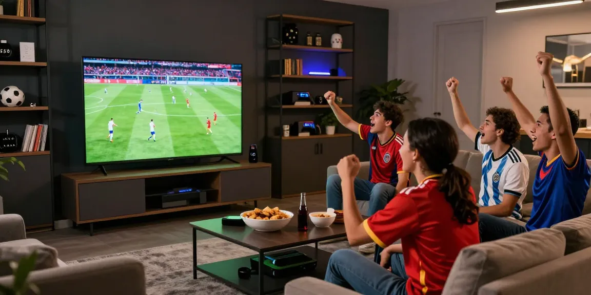 Socolive features a lively group enjoying soccer in a modern lounge setting.