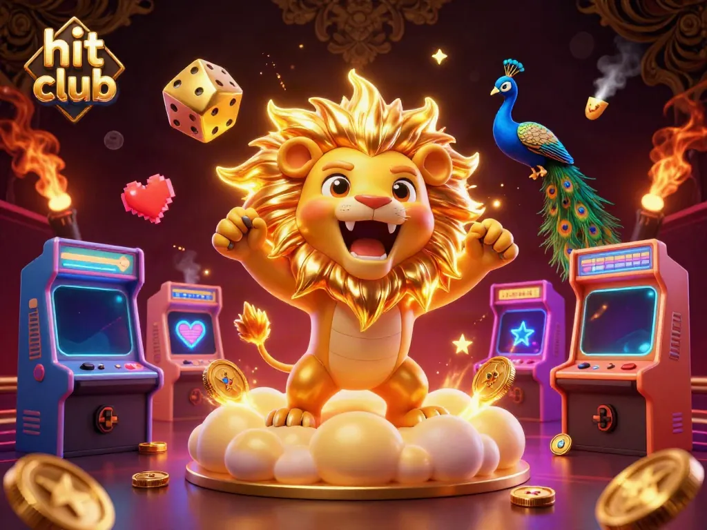 Experience excitement at hit club with a roaring lion, golden dice, and interactive gaming elements.