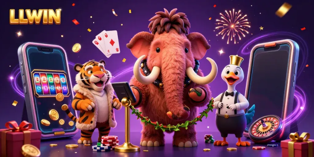 Engaging gaming scene with LLWIN's cartoon characters as a mammoth bouncer, tiger VIP guest, and dodo doorman surrounded by casino games.