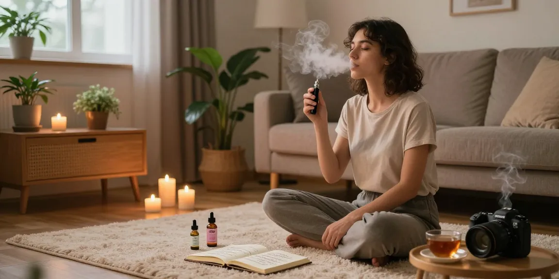 THC vape juice showcased in serene wellness scene, featuring organic products and herbal tea for natural relaxation.