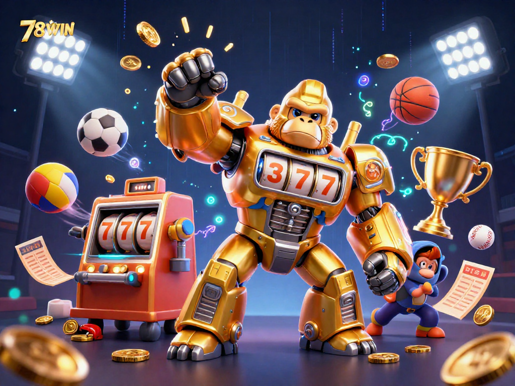 Experience the thrill of 78WIN with a dynamic 3D casino scene featuring a golden gorilla mech.
