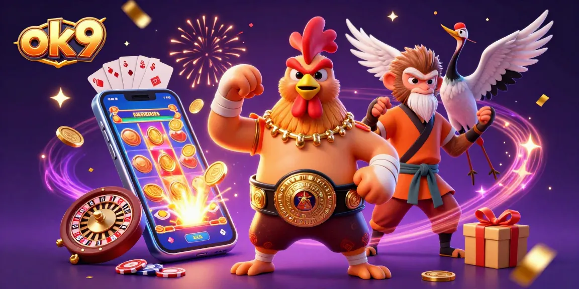 Engage in thrilling gameplay at ok9 with a dynamic scene featuring a Muay Thai rooster and martial artists among casino games.