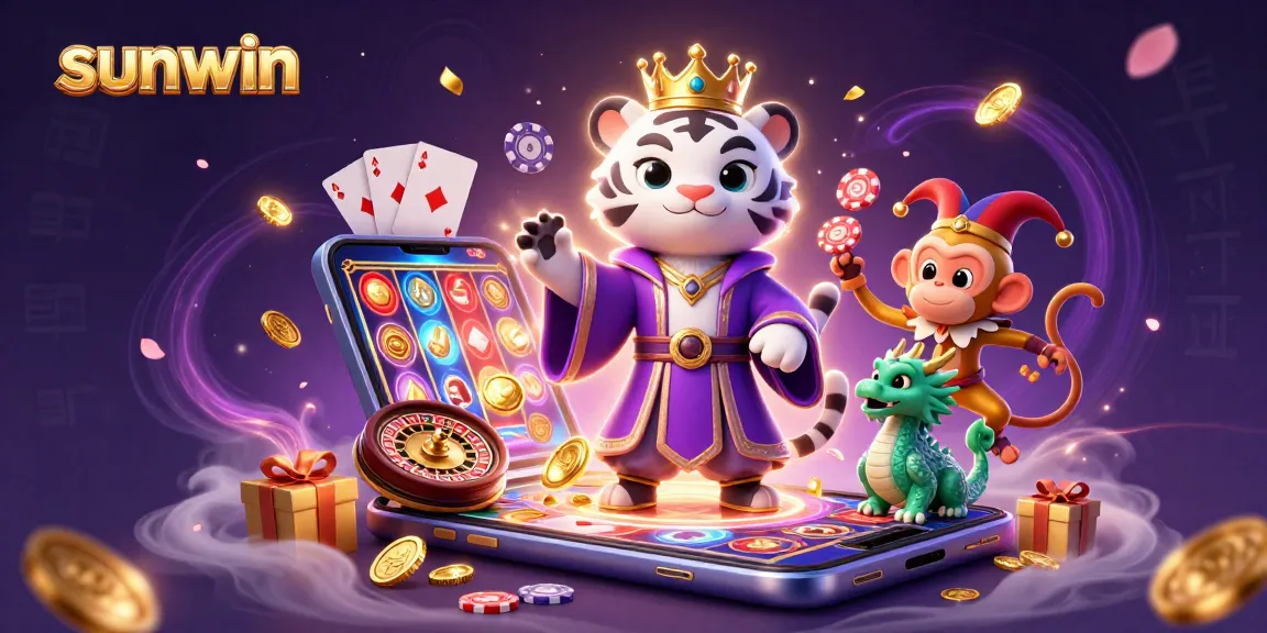 Earn big rewards with sunwin, featuring a royal tiger, jester monkey, and lively jade dragon in a vibrant casino scene.