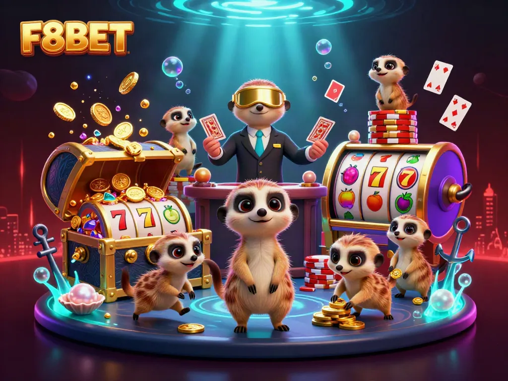 Experience F8BET's exciting casino adventure with playful meerkats in a vibrant scene.