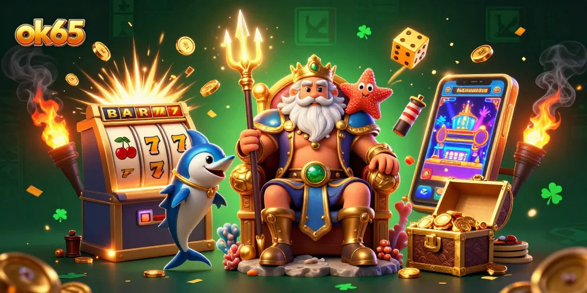 Spin the reels with ok65 in this vibrant casino scene featuring Neptune and jackpots!