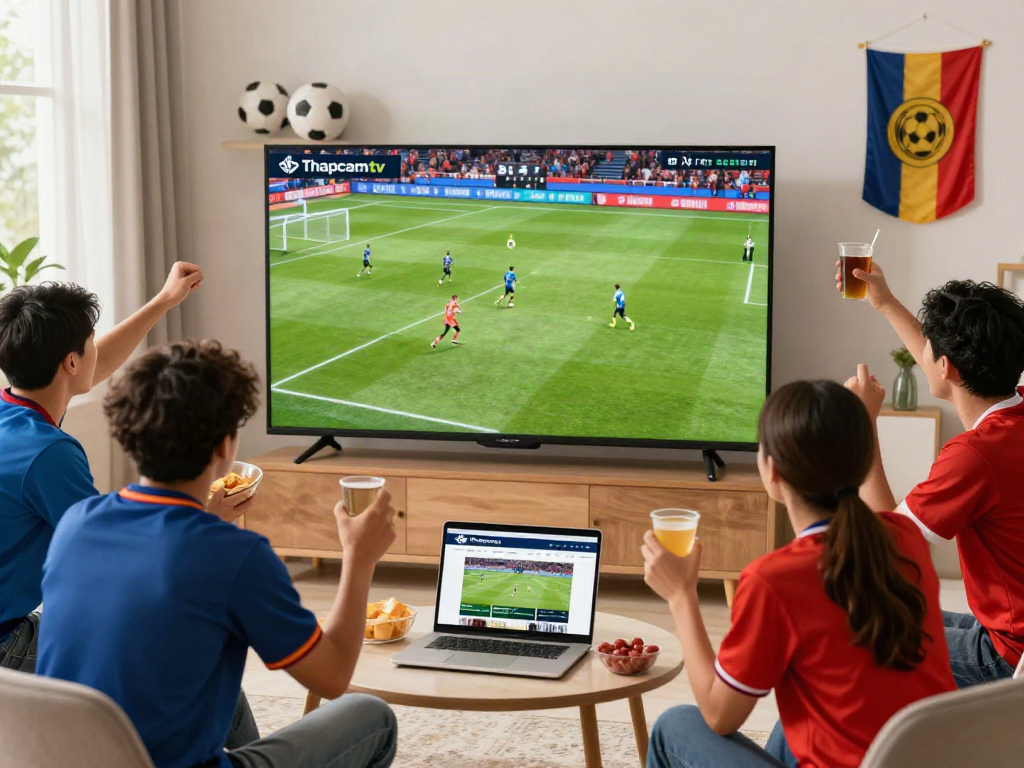 Friends enjoying a live football match on Thapcamtv, showcasing excitement and engagement.