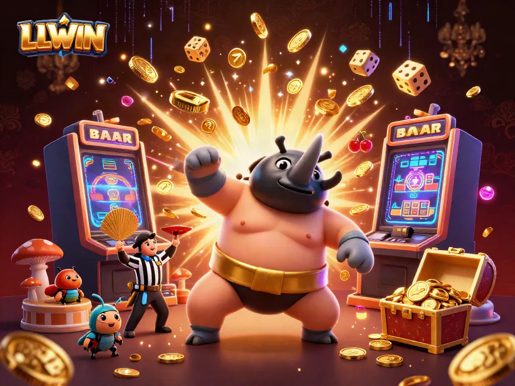 Experience thrilling casino action with LLWIN, featuring a sumo beetle champion amidst a jackpot explosion!