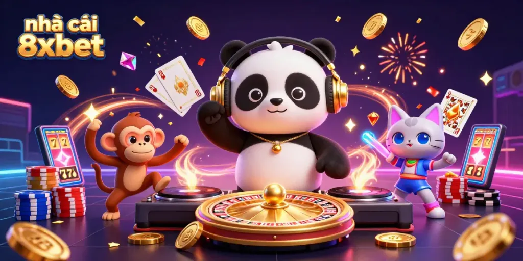 Engage with nhà cái 8xbet's vibrant online games, featuring lively casino characters amidst sparkling gems and coins.