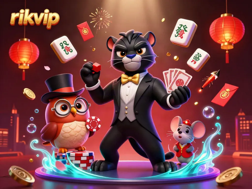Experience thrilling gaming at rikvip with a stylish black panther dealer, owl with poker chips, and lucky mouse amid stunning visuals.