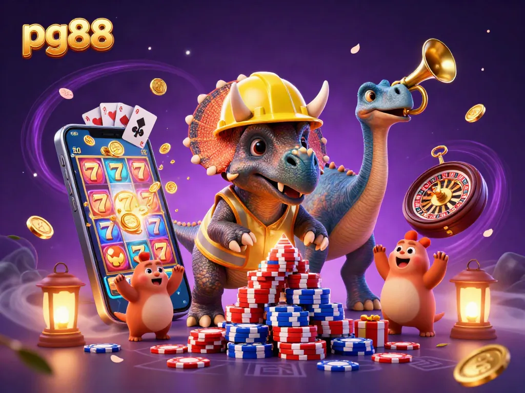 pg88 slots come alive with a 3D triceratops building poker chips and celebrating wins.
