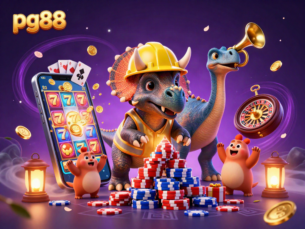 pg88 slots come alive with a 3D triceratops building poker chips and celebrating wins.