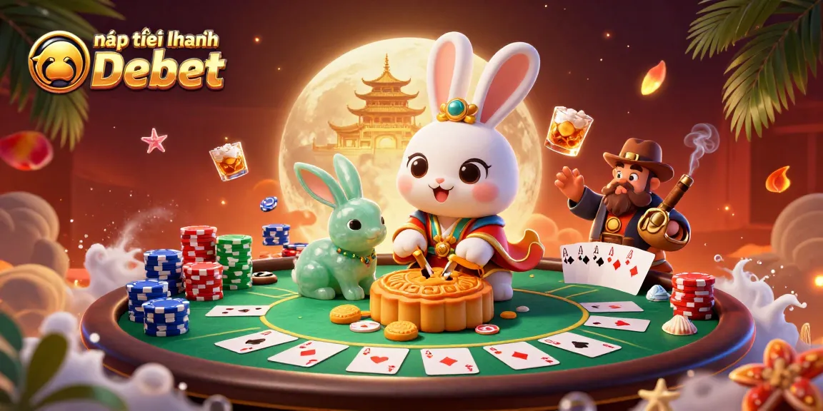 Nạp tiền nhanh Debet with moon rabbits playing poker at a vibrant lunar casino scene.