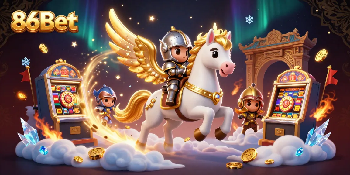 Bet and win with 86Bet, as a knight rides a celestial horse through a vibrant casino backdrop.