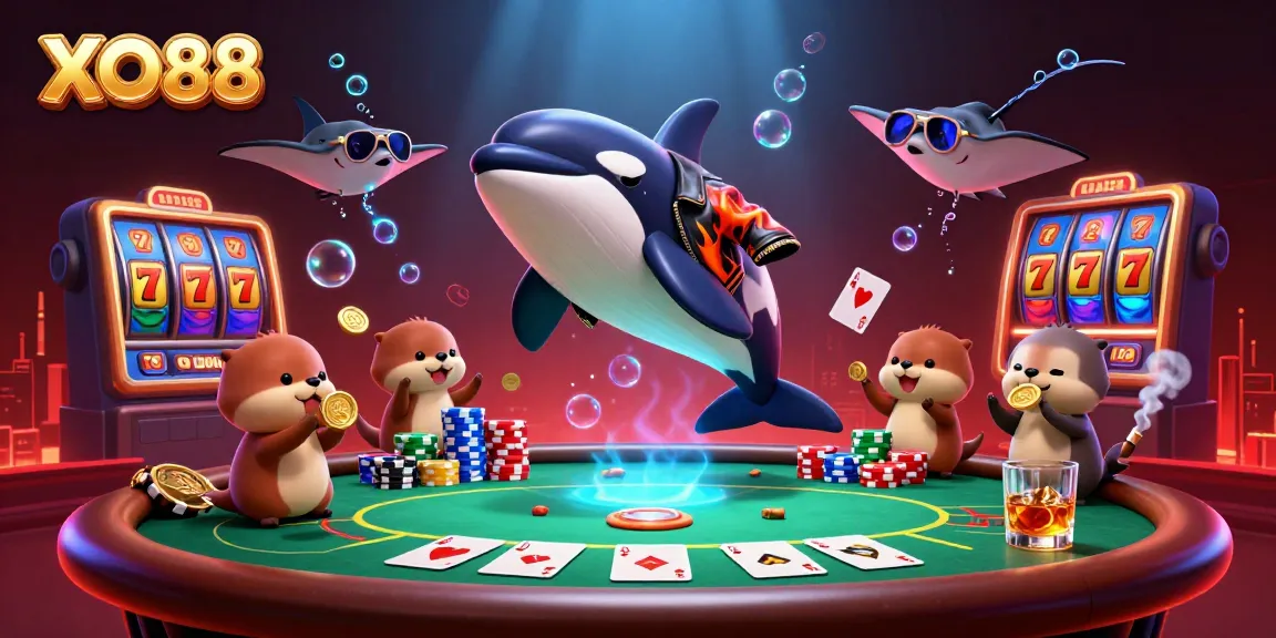 Join the excitement at XO88's dynamic casino scene with orca and otters, surrounded by poker and slots.